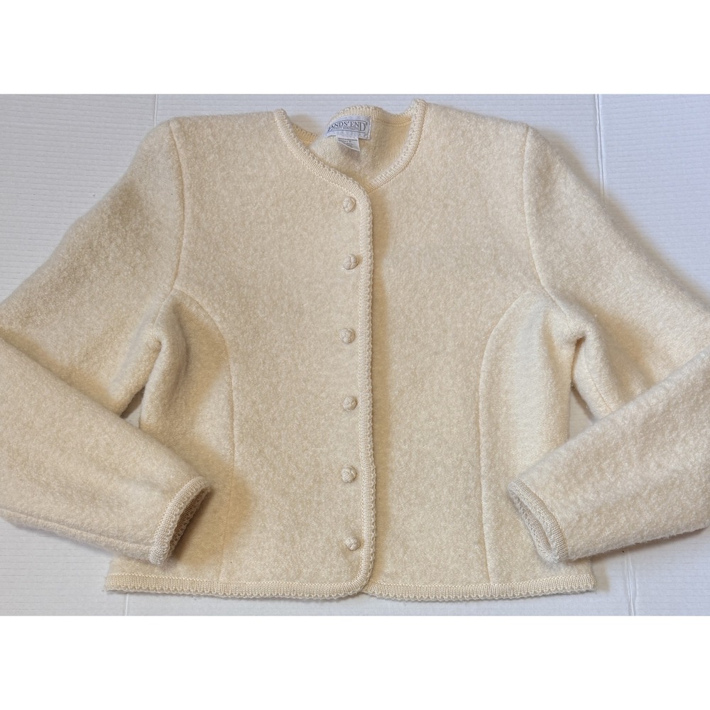 LANDS END - Women's Wool Sweater - VTG Cream Ivory Cardigan Knot Button - Size 8